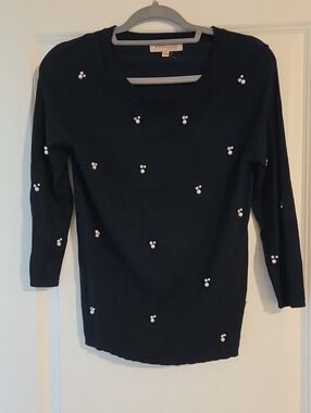 Philosophy Navy Blue Sweater with Pearl Cluster Embellishments